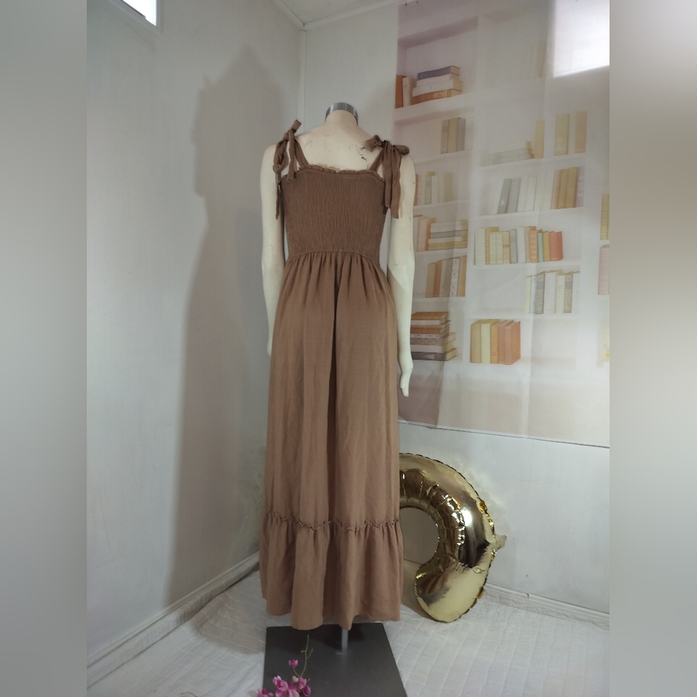 Chic Tan Maxi Dress with Tie Straps